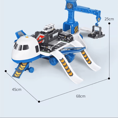 Avion de poliție deschis, cu dimensiuni ilustrate de 68 × 45 × 25 cm.
