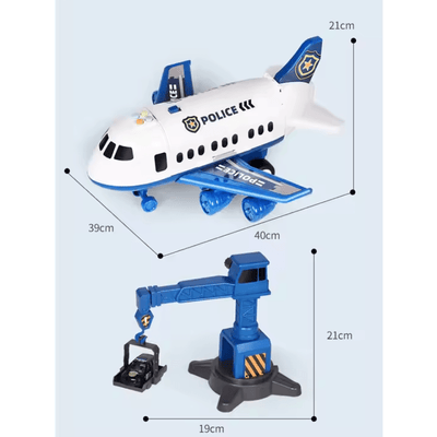 Dimensiuni avion închis de 40 × 39 × 21 cm și macara de aproximativ 21 cm înălțime.