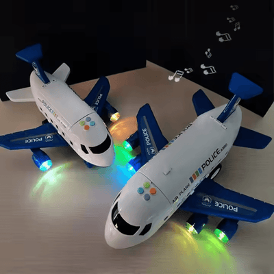 Două vederi ale avionului de poliție cu luminile aprinse pe fundal întunecat.