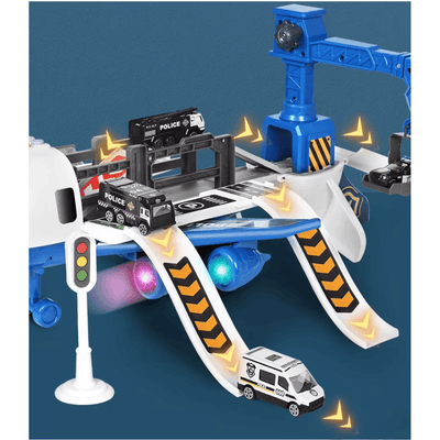 Vehicule de poliție pe pistele și rampele avionului transformabil.
