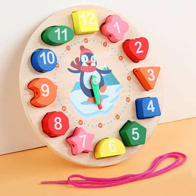 Ceas Educativ din lemn pentru Copii, Cifre Detasabile, Puzzle si Joc de Snuruit, Pinguin, + 3 Ani - LUDIRO