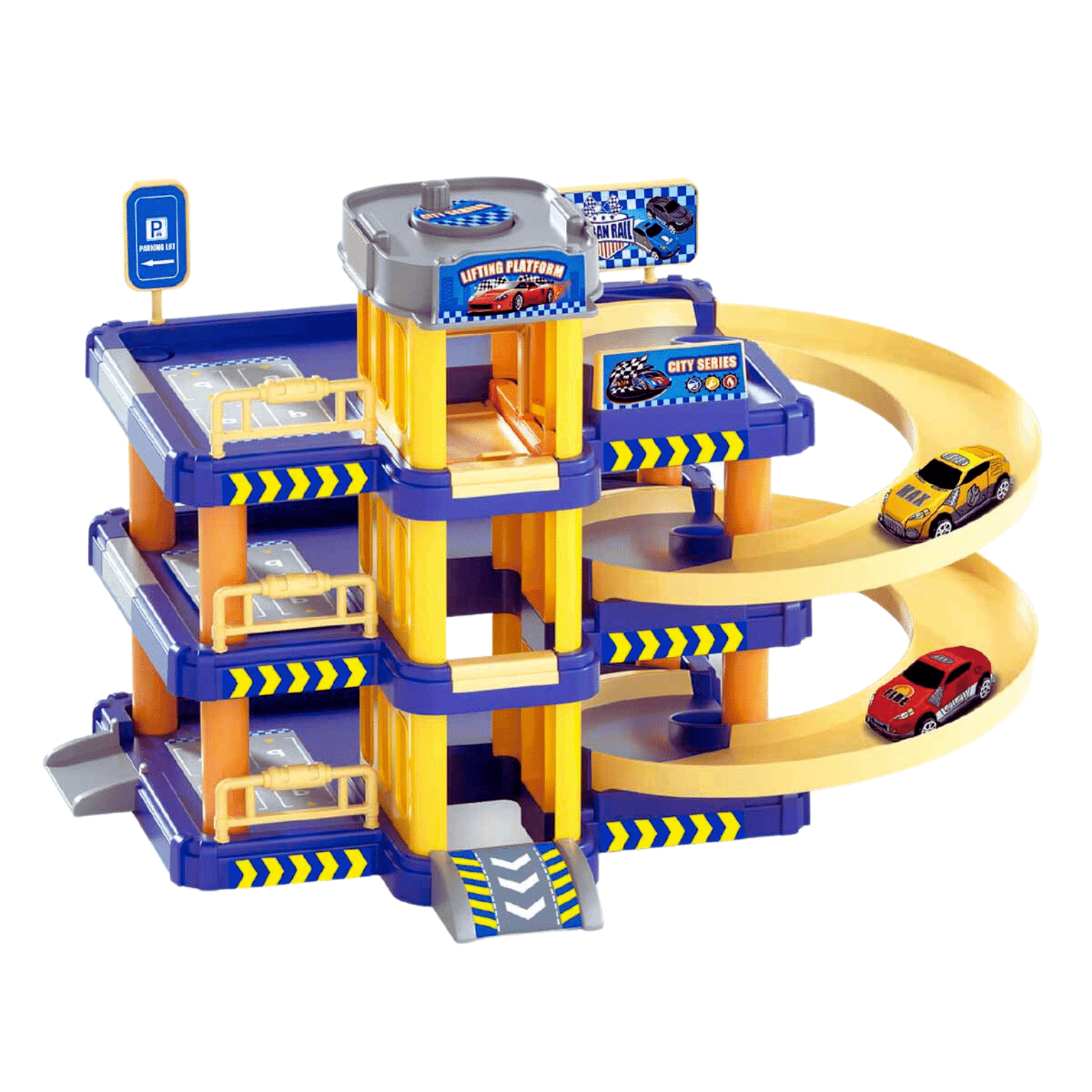 Set de Joaca Parcare pentru Masinute, 3 Nivele, Coborare in Spirala, Lift Manual, 2 Masinute, 37x26.5x32 Cm, + 3 Ani - LUDIRO
