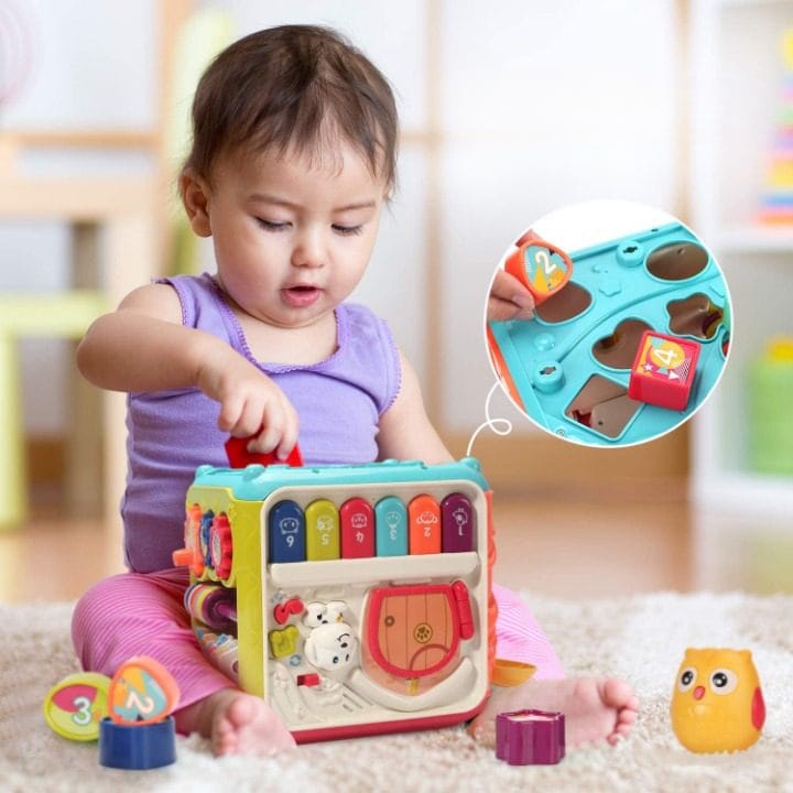 Resigilat - Jucarie Interactiva pentru Bebelusi, Cub Activitati 6 in 1, Muzica si Lumini, Multifunctional, 20x20x20 cm, + 3 Luni - LUDIRO