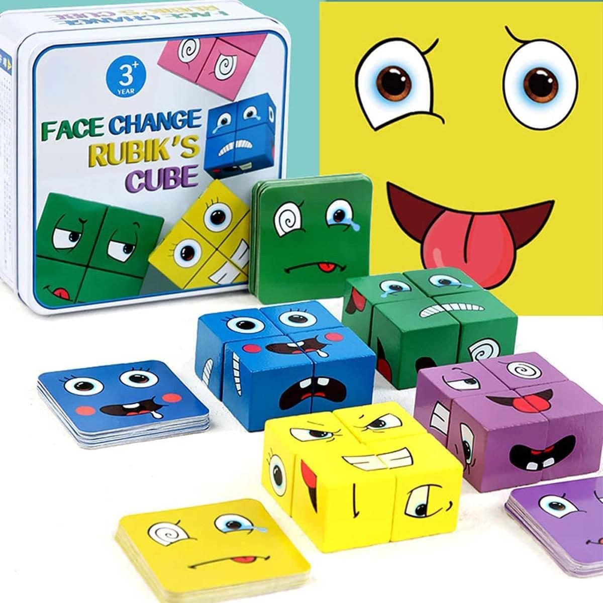 Set 16 Cuburi de Constructie din Lemn, 4 Jucatori, 64 Posibilitati cu Cartonase, Imita Expresii Faciale si Emotii, +3 Ani - LUDIRO