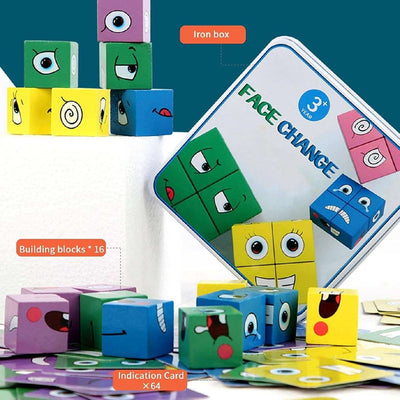 Set 16 Cuburi de Constructie din Lemn, 4 Jucatori, 64 Posibilitati cu Cartonase, Imita Expresii Faciale si Emotii, +3 Ani - LUDIRO