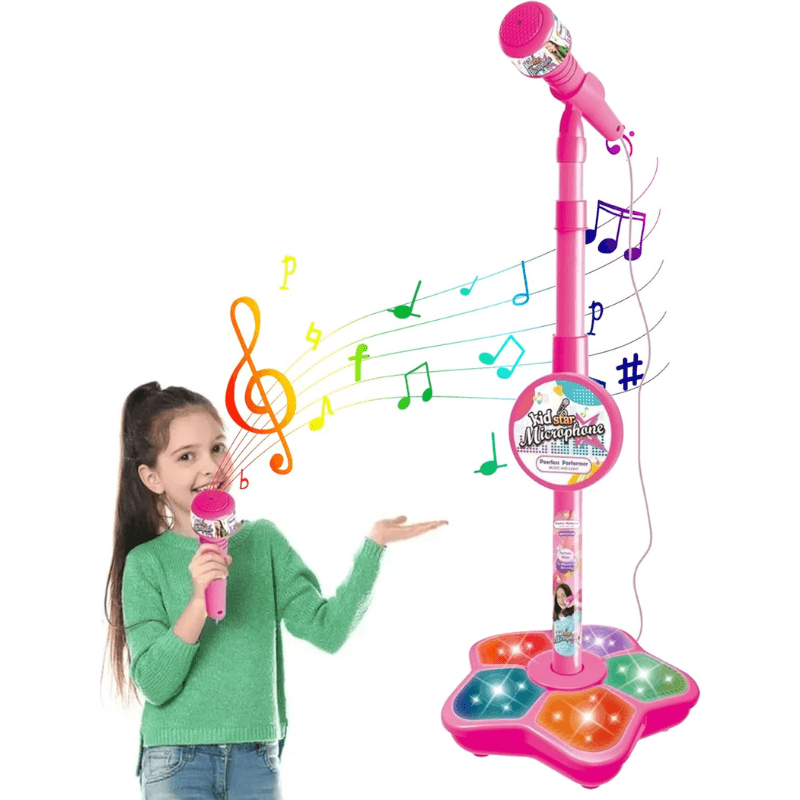 Resigilat - Microfon Karaoke pentru Copii cu Stativ Reglabil, Sunete, Lumini si Functie MP3, Roz - LUDIRO