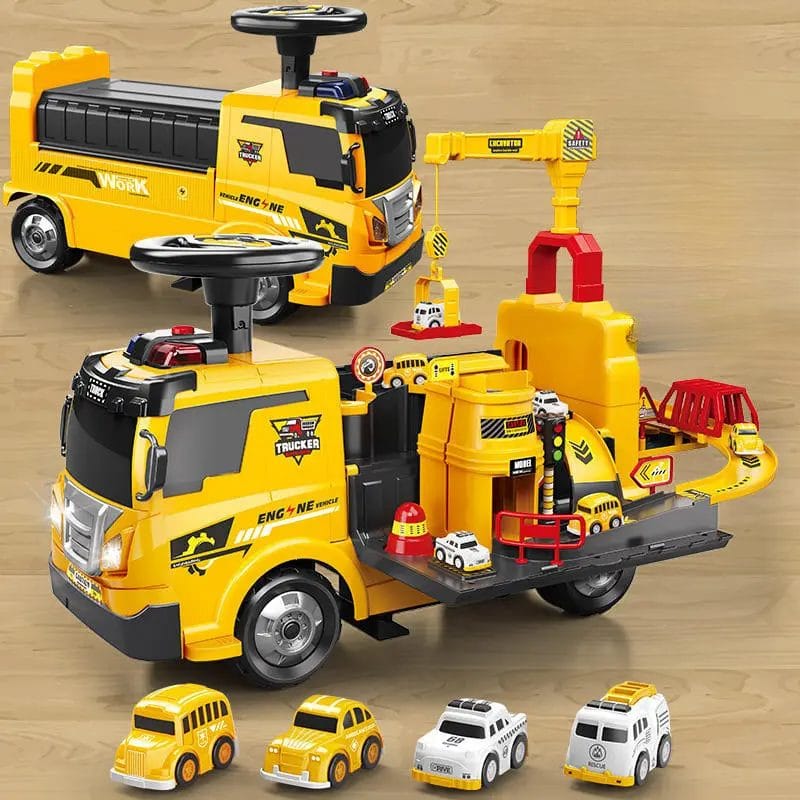 Camion 4 in 1 cu Functie Ride-On, Circuit Interactiv si Macara, Jucarie Educativa pentru Copii cu Volan Multifunctional, Lumini si Sunete, + 3 Ani - LUDIRO
