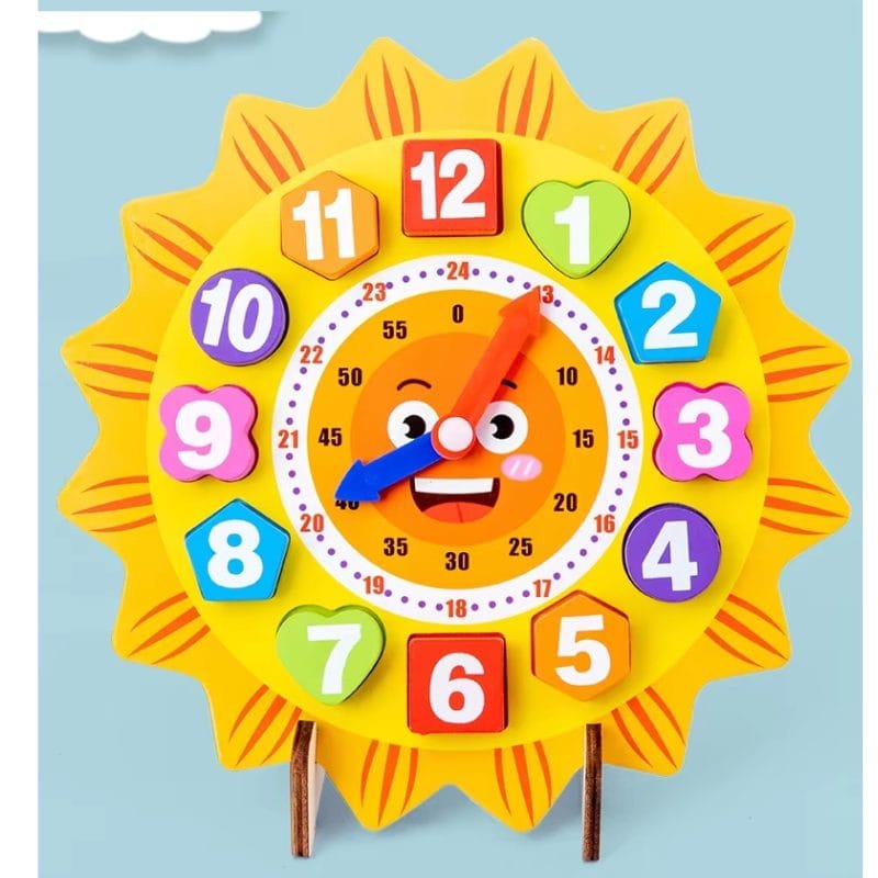 Ceas Educational din Lemn pentru Copii cu Design Dragut, Soare Zambitor, Instrument Didactic Interactiv pentru Invatarea Orei, Dezvoltarea Abilitatilor Cognitive si Pregatirea Prescolara, 22x22 Cm, + - LUDIRO
