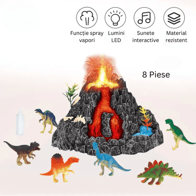 Set Interactiv Vulcan, 6 Dinozauri, Functie Eruptie cu Abur, Lumini Led, Sunete Realiste, Material Rezistent 18x17x11 Cm, +3 Ani - LUDIRO