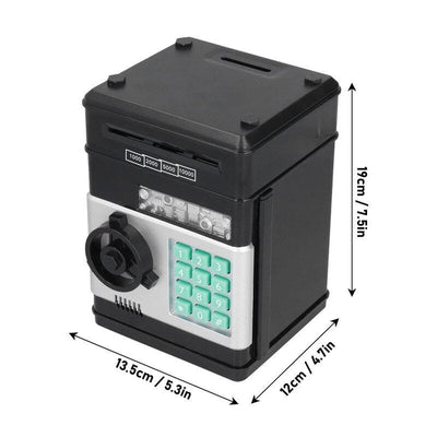 Resigilat - Pusculita Seif pentru Copii, ATM de Jucarie, Sunete si Lumini, Rulare automata a Bancnotelor, 19.5x13x12 Cm, Negru, + 3 Ani - LUDIRO