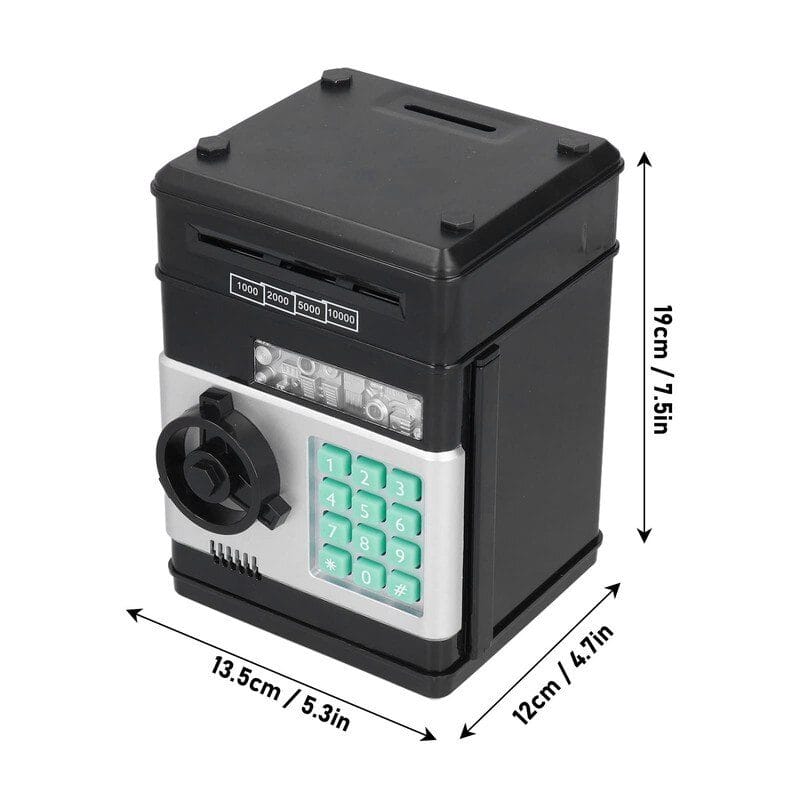 Resigilat - Pusculita Seif pentru Copii, ATM de Jucarie, Sunete si Lumini, Rulare automata a Bancnotelor, 19.5x13x12 Cm, Negru, + 3 Ani - LUDIRO