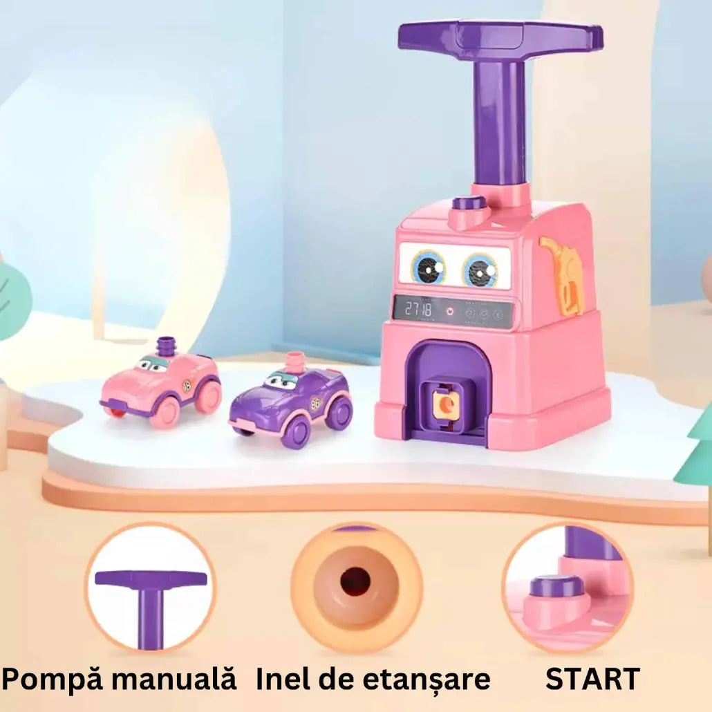 Set Interactiv Lansator Masinute cu Baloane, 2 Masinute, 8 Baloane Incluse, 29.8x28.2x12 Cm, Margini Rotunjite, Pompa Manuala, Inel de Etansare, Roz, + 3 Ani - LUDIRO