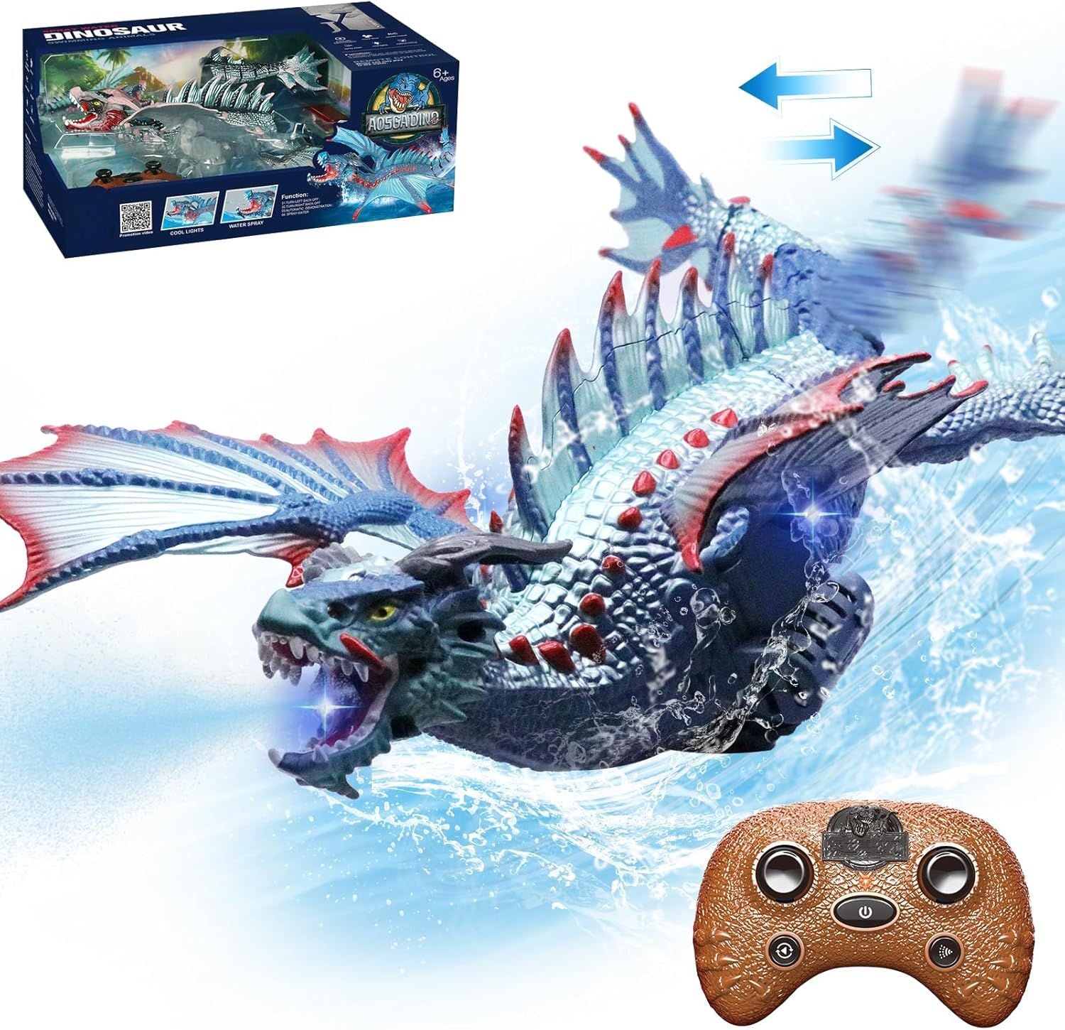 Dragon Interactiv de Apă cu Telecomandă, Funcție Stropire, Lumini, Acumulator Reîncărcabil, 43 cm, Jucărie Piscină, Albastru - LUDIRO