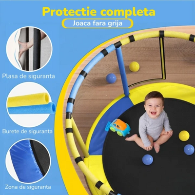 Trambulină pentru copii 8 în 1, Diametru 140 cm, cu plasă de siguranță, hamac, inele și coș de baschet, pentru interior și exterior, Certificare de Siguranta - LUDIRO
