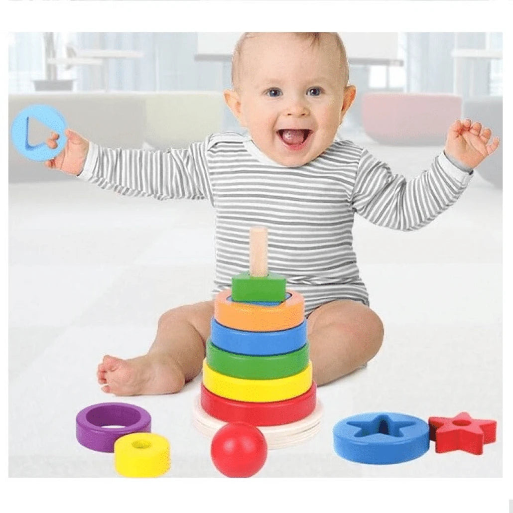 Jucarie din Lemn Educativa de Stivuire cu Forme Geometrice, Turn Montessori, + 3 Ani, 15.5x9 cm - LUDIRO