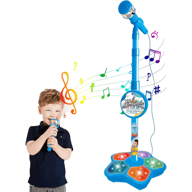 Microfon Karaoke pentru Copii cu Stativ Reglabil, Sunete, Lumini si Functie MP3, Albastru - LUDIRO