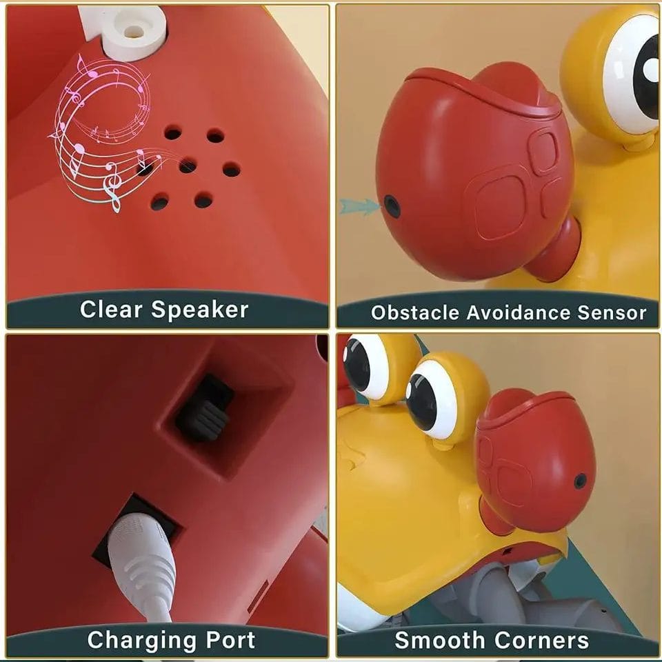 Jucarie Interactiva Bebelusi, Crab Care se Taraste, Muzica, Senzor de Obstacole, Stimuleaza Miscarea, Acumulator cu Incarcare USB, Portocaliu, 23x14x11 Cm, + 9 Luni - LUDIRO