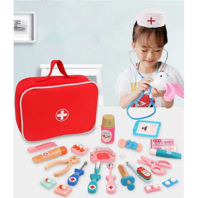 Trusa Medicala din Lemn, Accesorii Dentare, Termometru, Stetoscop, Seringa, Mulaj Dentar, Set Creativ si Interactiv, Geanta Depozitare, Rosu, + 3 Ani - LUDIRO