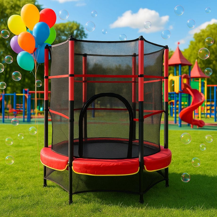 Trambulina pentru Copii LUDIRO, Diametru 140 Cm, Inaltime 160 Cm, Cu Plasa de Siguranta, Suporta 200 kg, Interior sau Exterior, Pentru Dezvoltarea Echilibrului, Rosie, + 3 Ani - LUDIRO