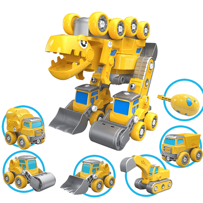 Dinozaur Transformabil 5 in 1 cu Vehicule de Constructii STEM, Sunete si Lumini - LUDIRO