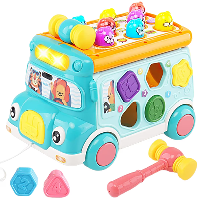 Resigilat - Jucarie Interactiva, Autobuz Multifunctional cu Activitati, 6 Functii Educative, Sunete si Lumini, 23x15x15 Cm, Albastru Portocaliu, + 3 Ani - LUDIRO