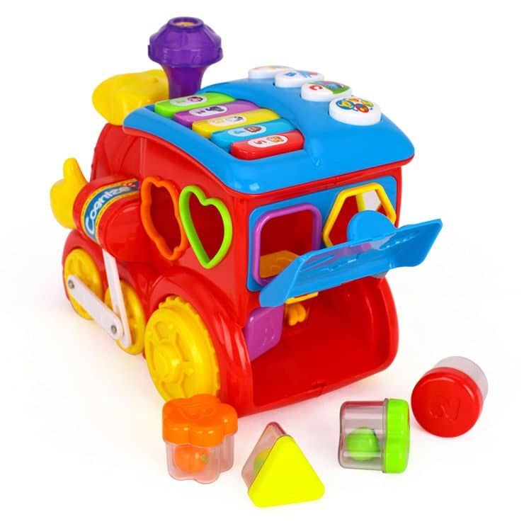 Trenulet de Jucarie Educativ cu Sunete si Lumini, Senzor de Impact, Functie Potrivire Forme, Rosu, 22x16x12 Cm, +18 Luni - LUDIRO