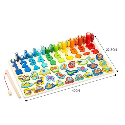 Jucarie Educativa Multifunctionala Montessori, Puzzle din Lemn cu Cifre, Forme, Animale, Dinozauri si Vehicule pentru Dezvoltarea Cognitiva, Ideal pentru Copii Prescolari, 40x22.5 Cm, + 3 Ani - LUDIRO