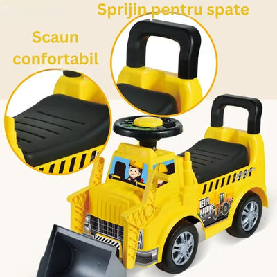 Buldozer Ride On pentru Copii, Cu Remorca, Volan si Claxon, Cupa de Carat Functionala, Scaun Confortabil, Sprijin pentru Spate, 65.5x37x22.5 Cm, +3 Ani, Galben Negru - LUDIRO