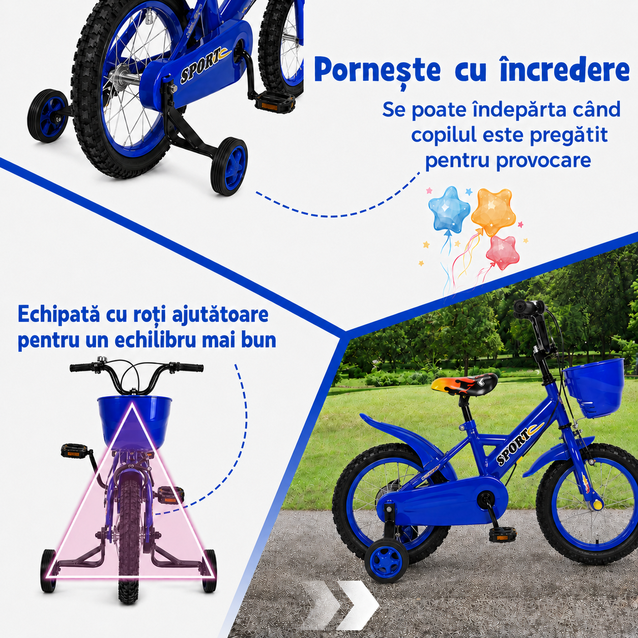 Bicicletă copii 12 inch Ludiro, albastră, cu roți ajutătoare detașabile, coș frontal și clopoțel, 2-5 ani - LUDIRO