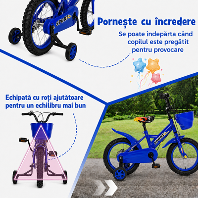 Resigilat - Bicicletă copii 12 inch Ludiro, albastră, cu roți ajutătoare detașabile, coș frontal și clopoțel, 2-5 ani - LUDIRO