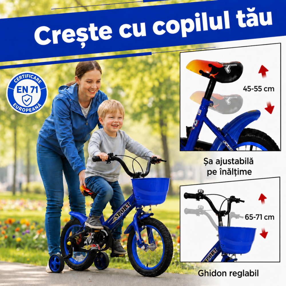 Resigilat - Bicicletă copii 12 inch Ludiro, albastră, cu roți ajutătoare detașabile, coș frontal și clopoțel, 2-5 ani - LUDIRO