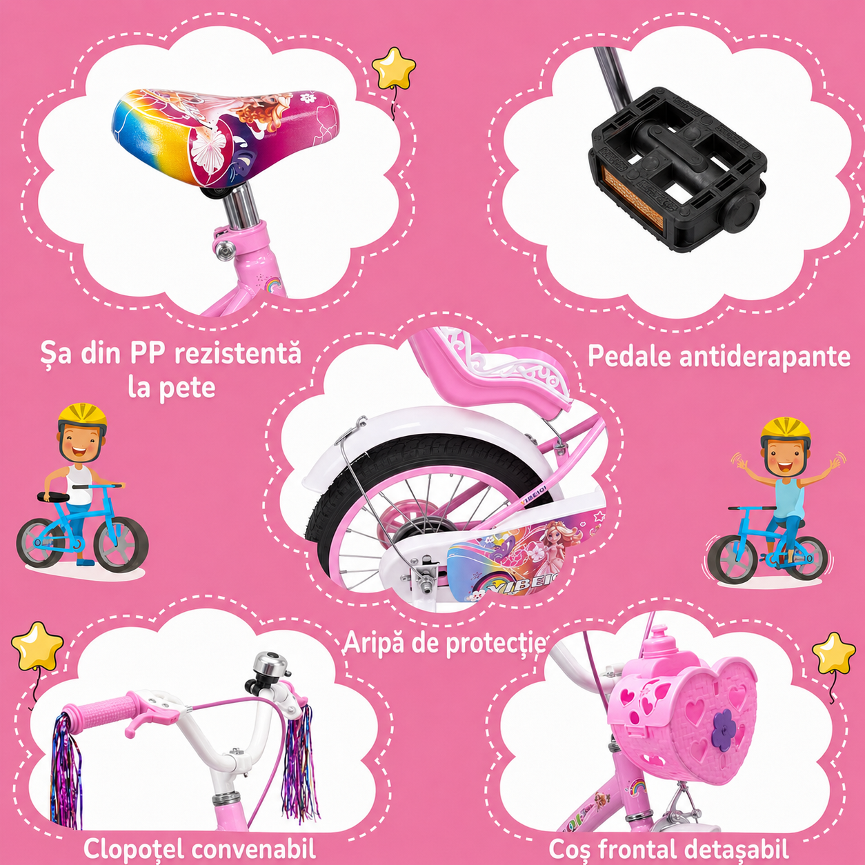 Șa, pedale antiderapante, coș detașabil și clopoțel pentru bicicleta LUDIRO de 12 inch