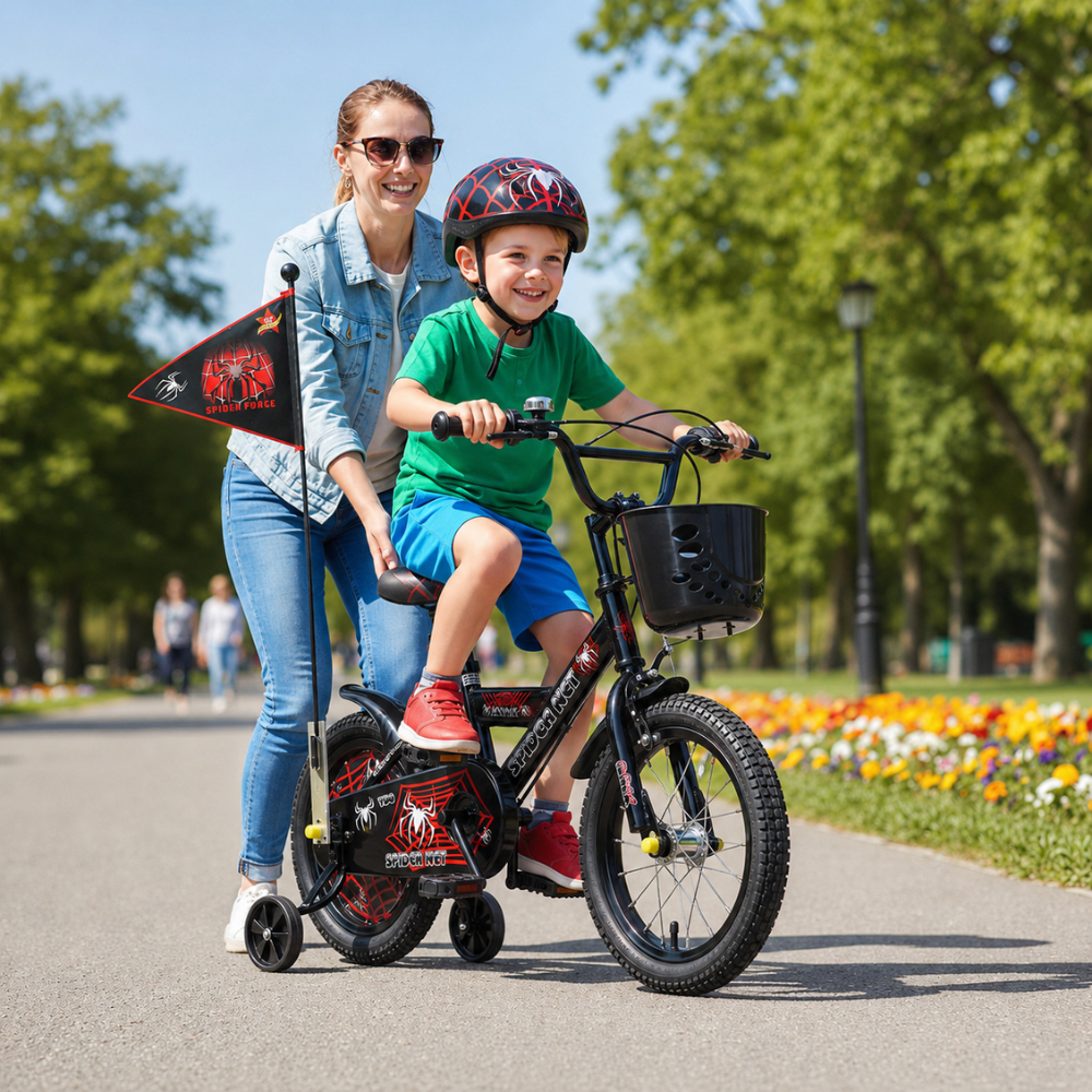 Bicicletă Copii 16 Inch Spider Net – Negru/Roșu, cu Cască și Steag, 4-8 Ani - LUDIRO