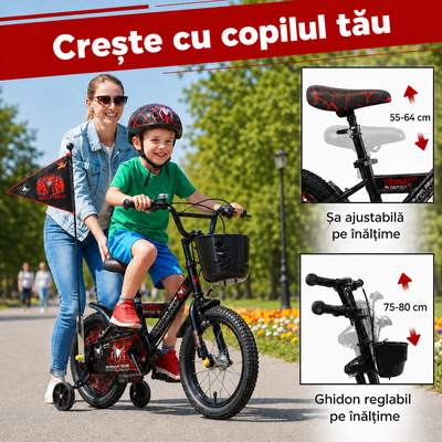 Bicicletă Copii 16 Inch Spider Net – Negru/Roșu, cu Cască și Steag, 4-8 Ani - LUDIRO