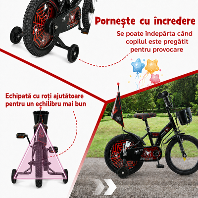 Bicicletă Copii 16 Inch Spider Net – Negru/Roșu, cu Cască și Steag, 4-8 Ani - LUDIRO
