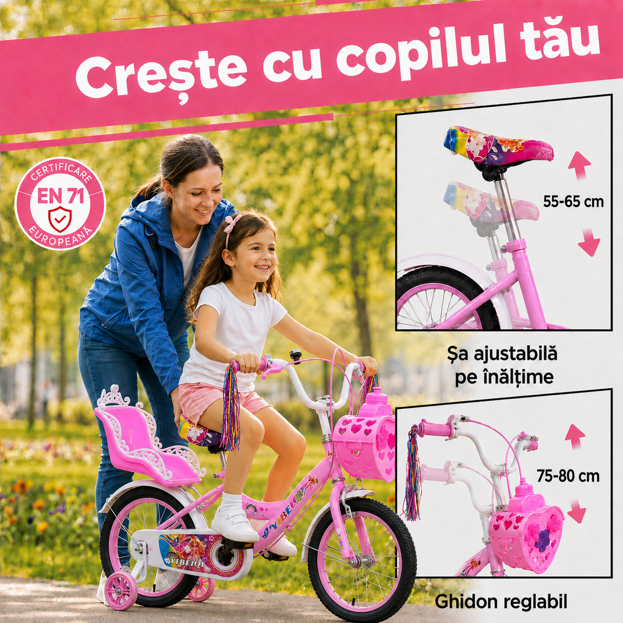 Șa din PP, pedale antiderapante, coș detașabil și clopoțel pentru bicicleta de 16 inch