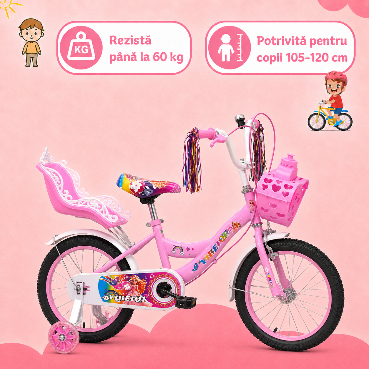 Bicicletă roz de 16 inch pentru copii de 105–120 cm, cu greutate maximă suportată de 60 kg