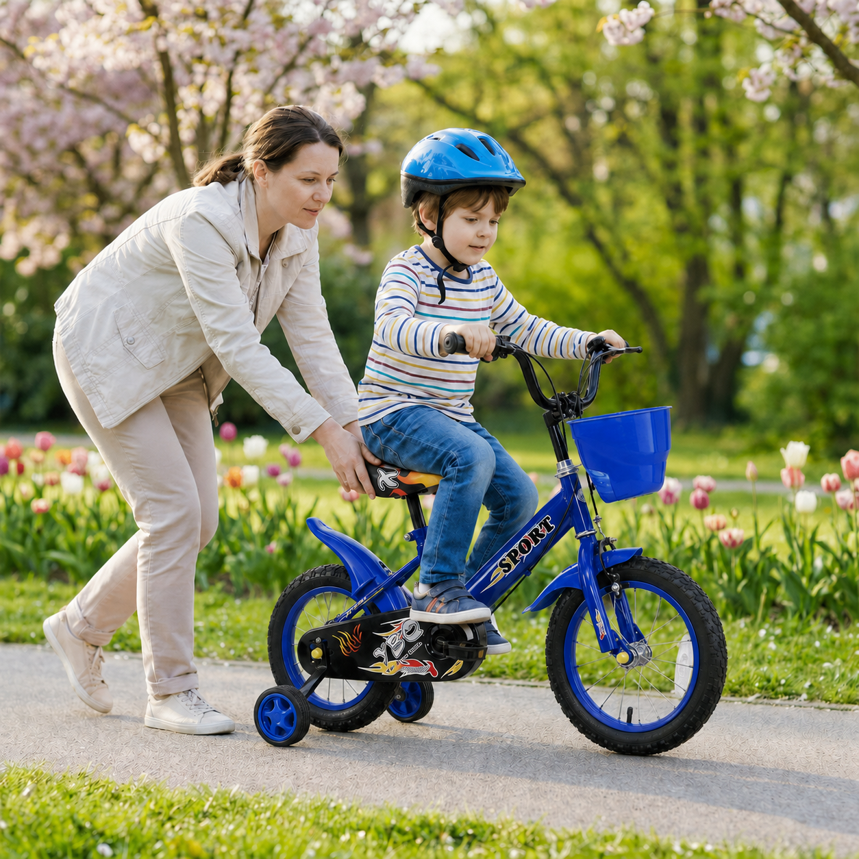 Bicicletă copii 14 inch Ludiro, albastră, cu roți ajutătoare detașabile, coș frontal și clopoțel, 3-6 ani - LUDIRO