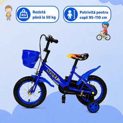 Bicicletă copii 14 inch Ludiro, albastră, cu roți ajutătoare detașabile, coș frontal și clopoțel, 3-6 ani - LUDIRO