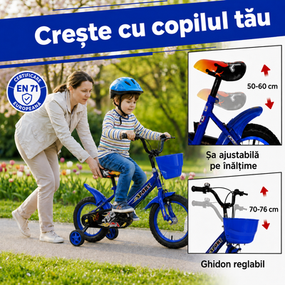 Bicicletă copii 14 inch Ludiro, albastră, cu roți ajutătoare detașabile, coș frontal și clopoțel, 3-6 ani - LUDIRO