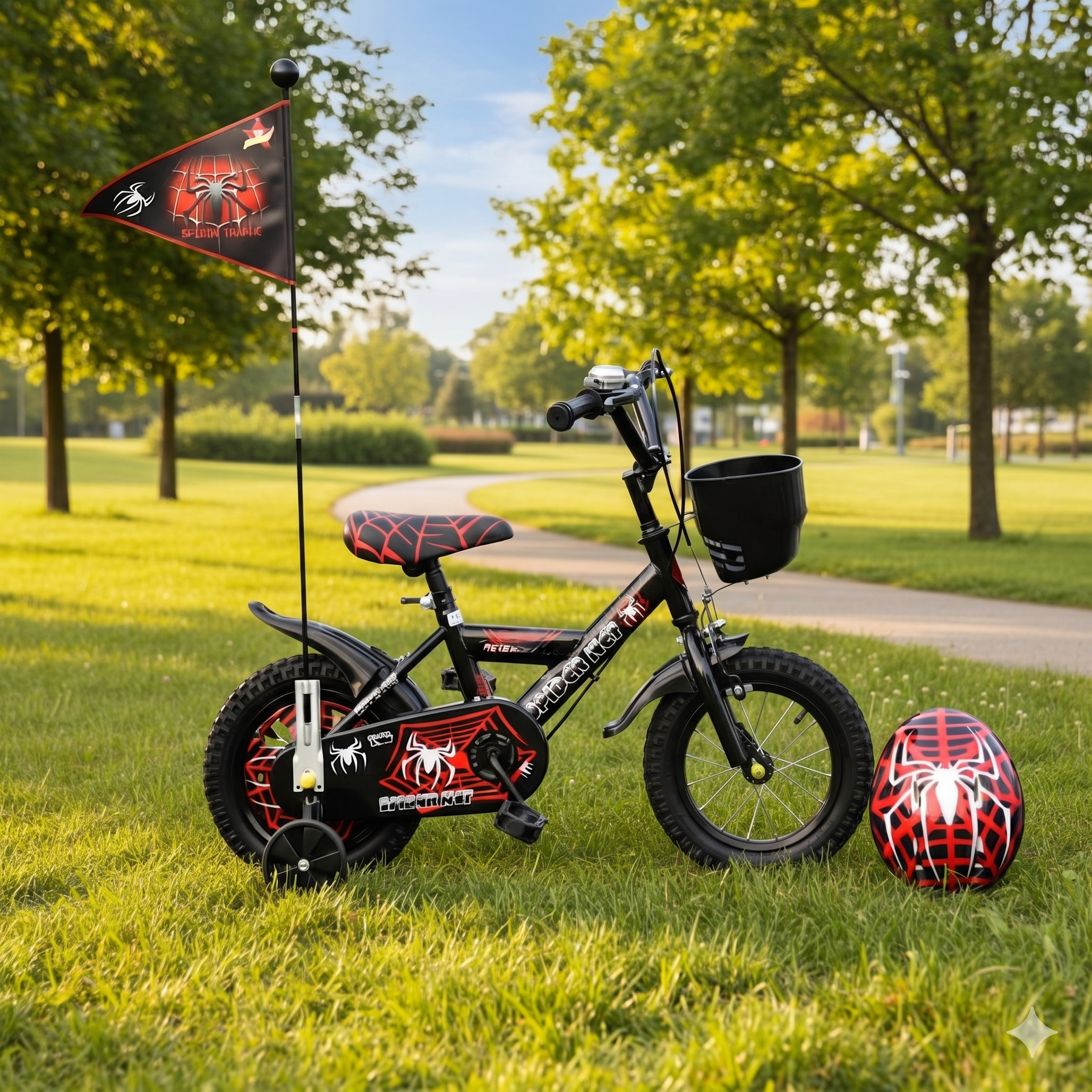 Bicicletă copii 14 inch LUDIRO Spider Net, negru-roșu, cu cască, steag, roți ajutătoare și coș frontal, 3-6 ani - LUDIRO