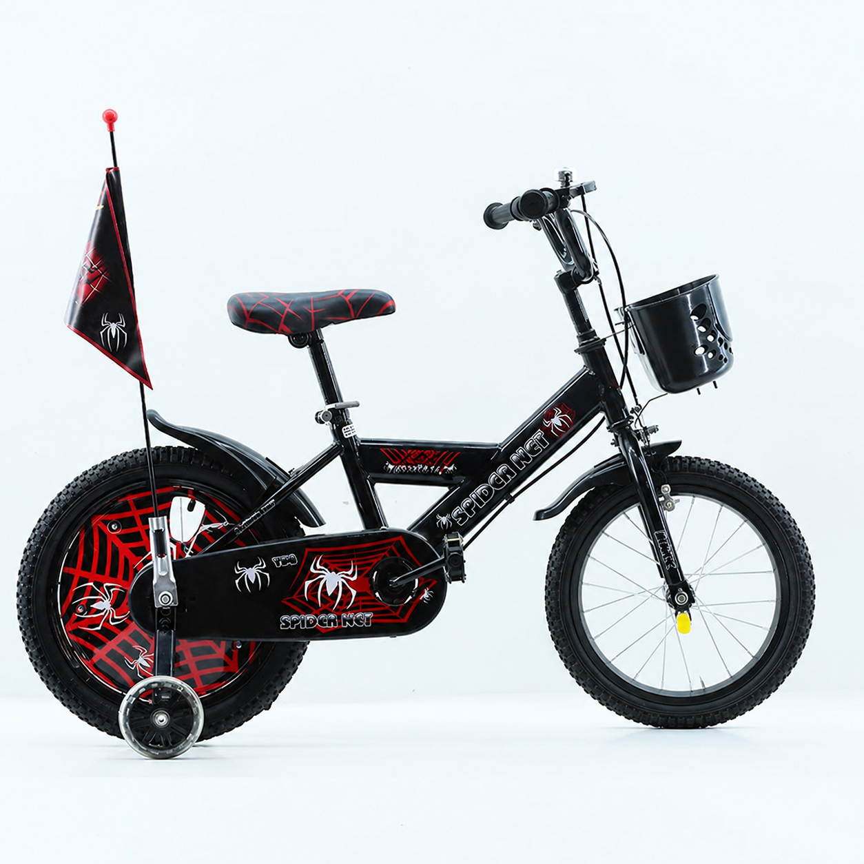 Bicicletă copii 14 inch LUDIRO Spider Net, negru-roșu, cu cască, steag, roți ajutătoare și coș frontal, 3-6 ani - LUDIRO