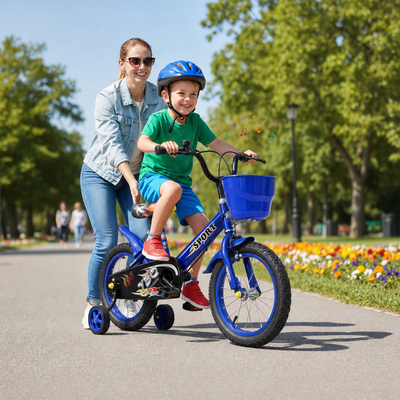 Bicicleta pentru Copii 16 Inch pentru 4–8 Ani, Albastra, cu Roti Ajutatoare - LUDIRO
