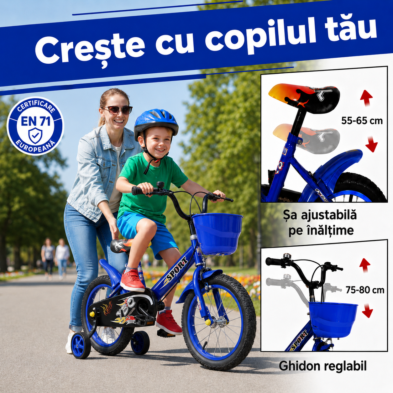 Bicicleta pentru Copii 16 Inch pentru 4–8 Ani, Albastra, cu Roti Ajutatoare - LUDIRO