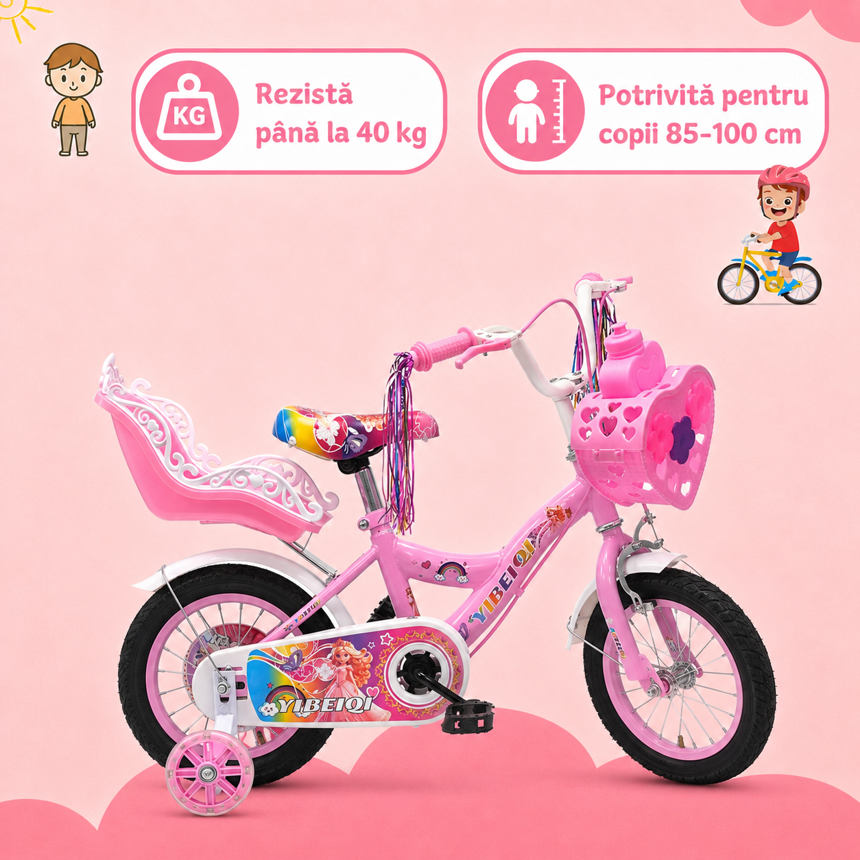 Bicicletă roz de 12 inch pentru copii de 85–100 cm, greutate maximă 40 kg