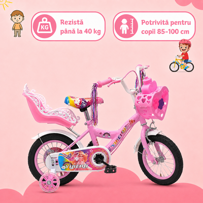 Bicicletă roz de 12 inch pentru copii de 85–100 cm, greutate maximă 40 kg