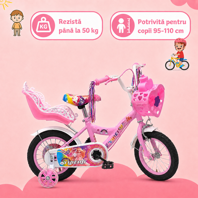 Bicicletă roz de 14 inch pentru copii de 95–110 cm, greutate maximă 50 kg
