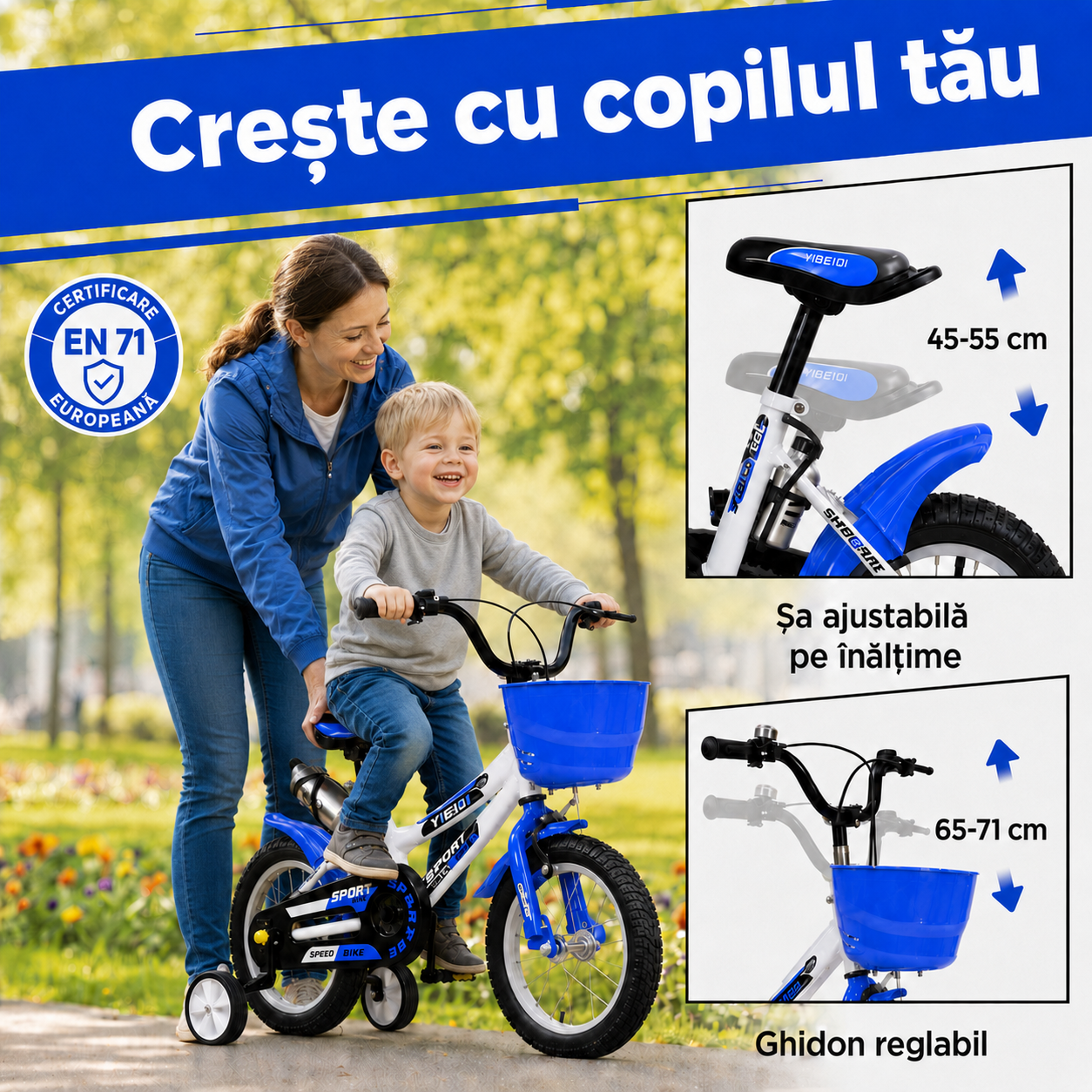Copil pe bicicletă albastră cu coș și roți ajutătoare, asistat de mamă, cu șa și ghidon reglabile.