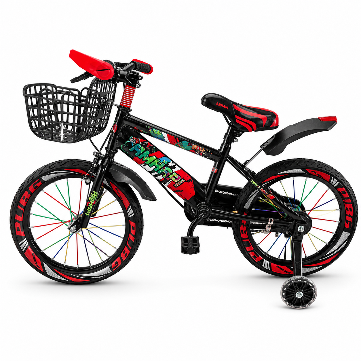 Bicicletă copii LUDIRO 16 inch, roți ajutătoare LED, coș frontal, roșu-negru | 4–8 Ani - LUDIRO