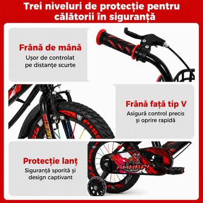 Bicicletă copii LUDIRO 16 inch, roți ajutătoare LED, coș frontal, roșu-negru | 4–8 Ani - LUDIRO